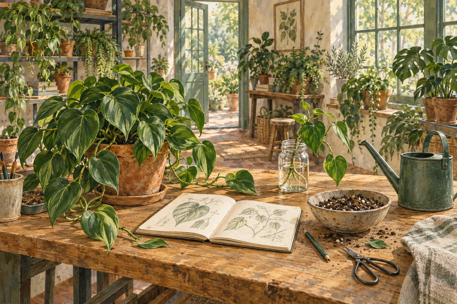 An open botanical notebook, plants and care tools on a table in a warm hand-painted plant room