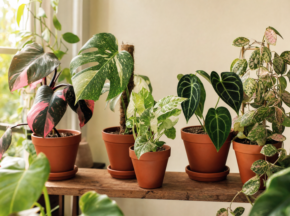 Shelf of rare variegated houseplants for a Kuwait buying guide