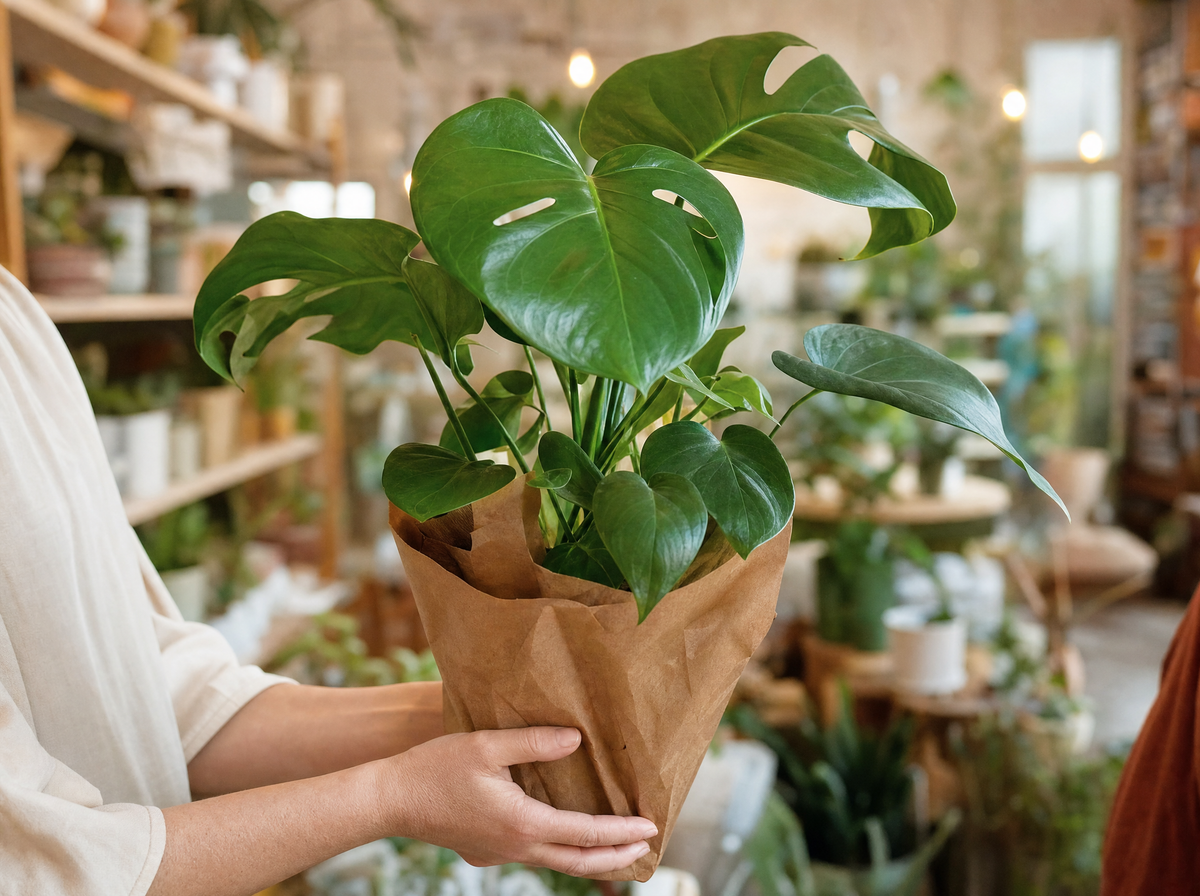 Carrying a newly bought potted Monstera home