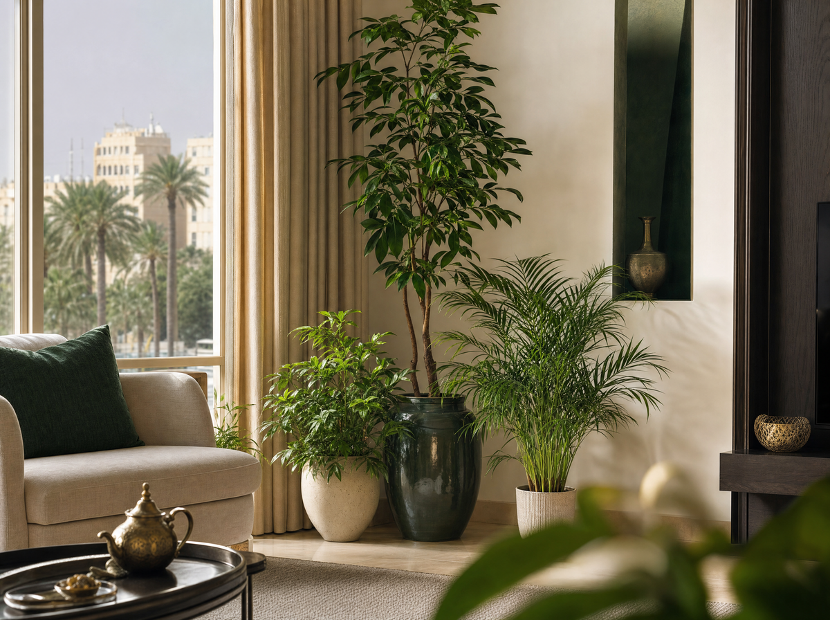 Cozy living room corner styled with indoor plants
