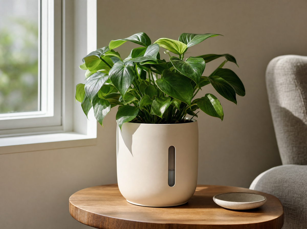 A healthy houseplant growing in a modern self-watering pot