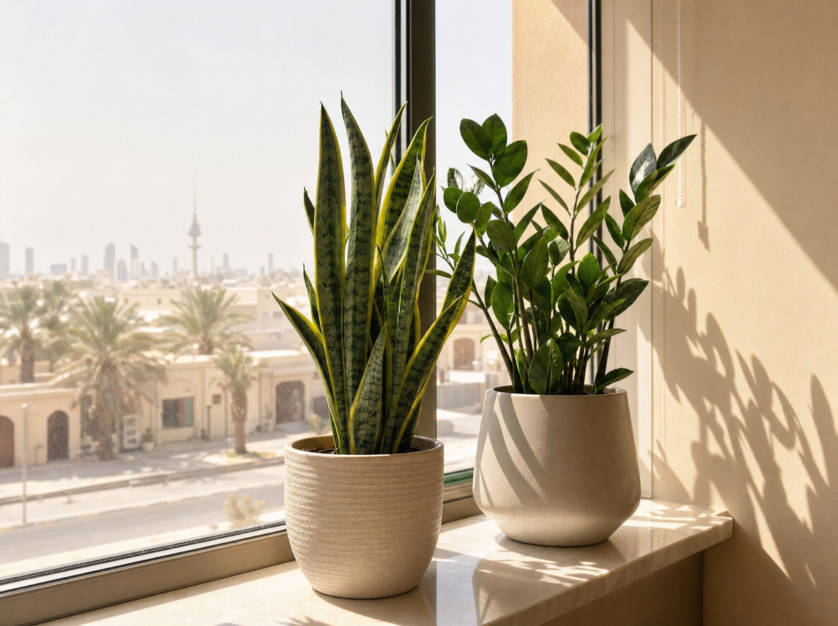 Hardy plants on a windowsill facing bright Kuwait summer sun