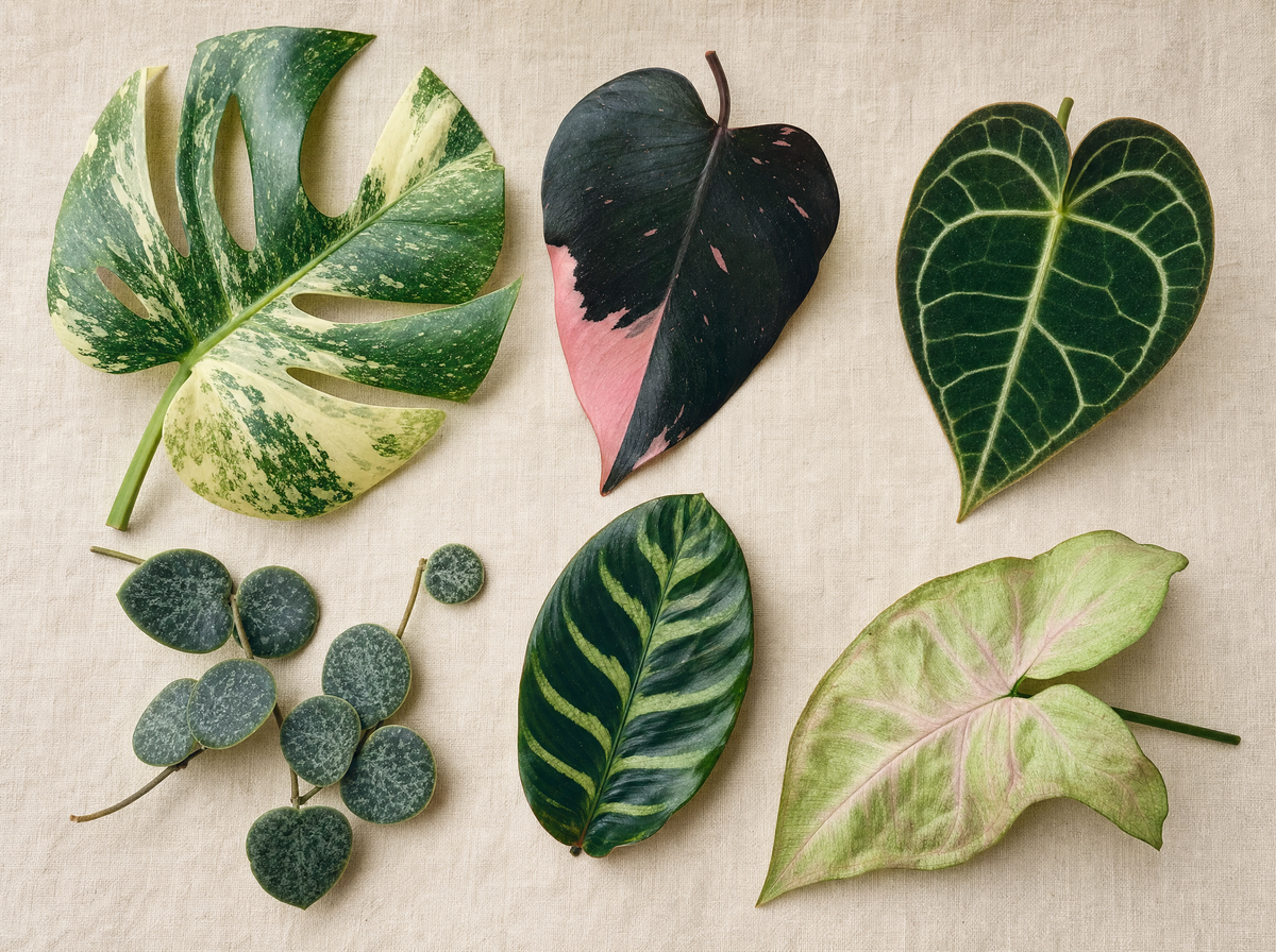 Flat lay of ten collectible rare houseplant leaves