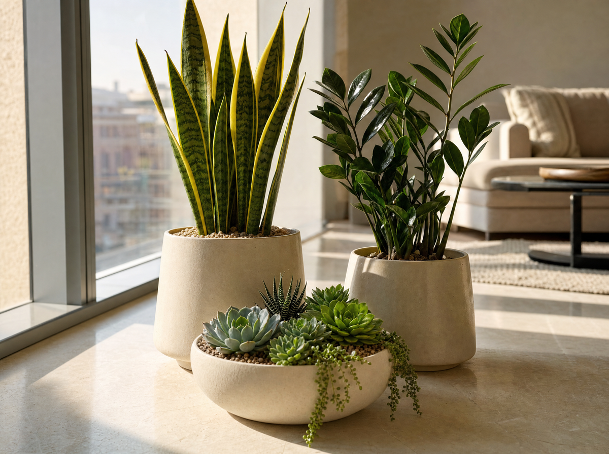 Drought-tolerant houseplants thriving in a sunlit Kuwaiti apartment