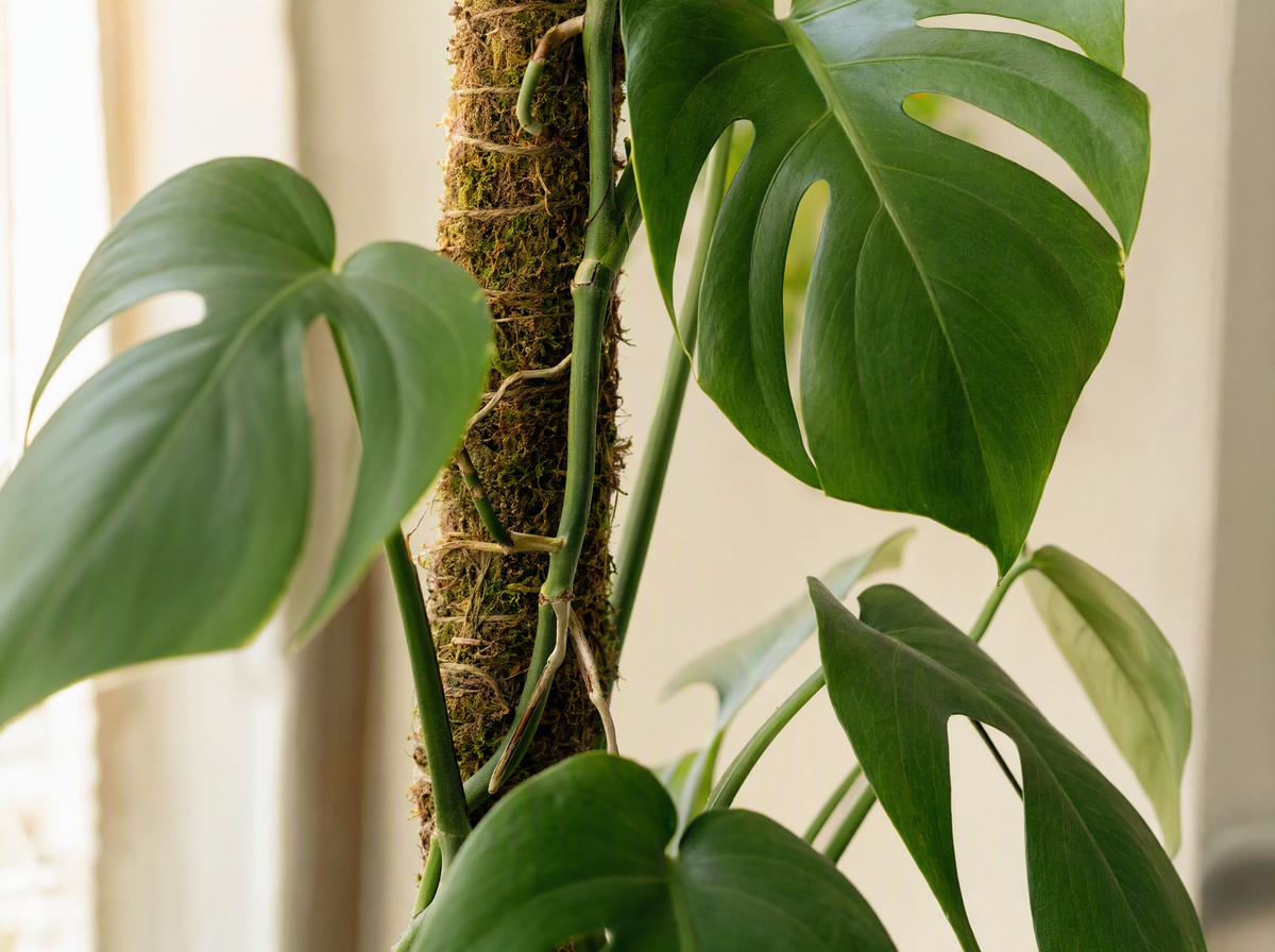 Monstera deliciosa climbing a moss pole with aerial roots gripping the moss