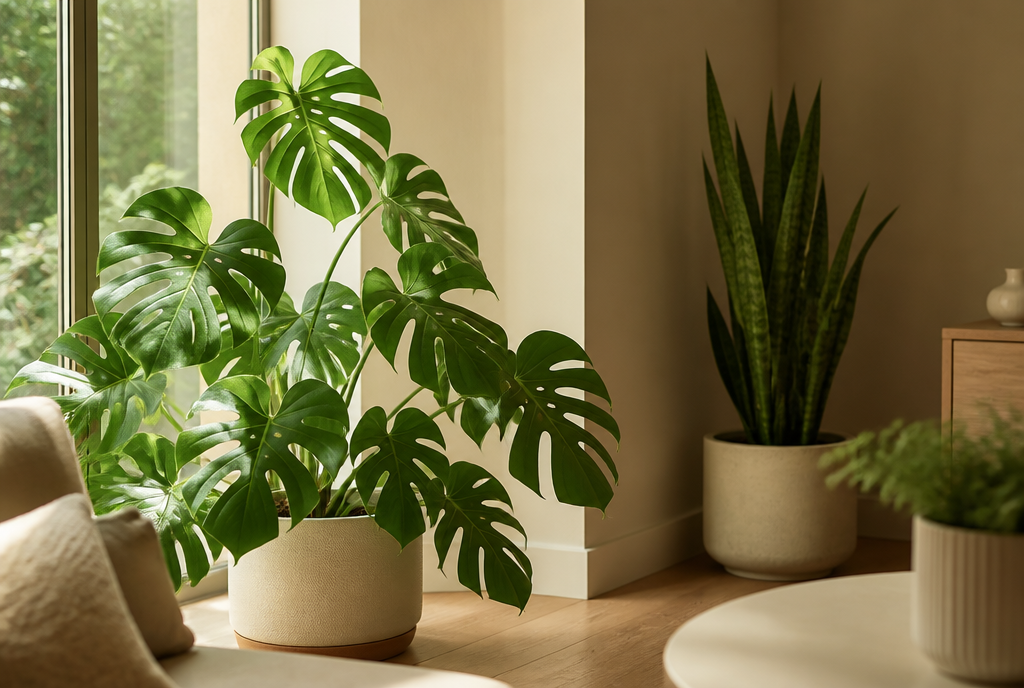 A monstera in bright indirect light near a window, with a snake plant in a dimmer corner