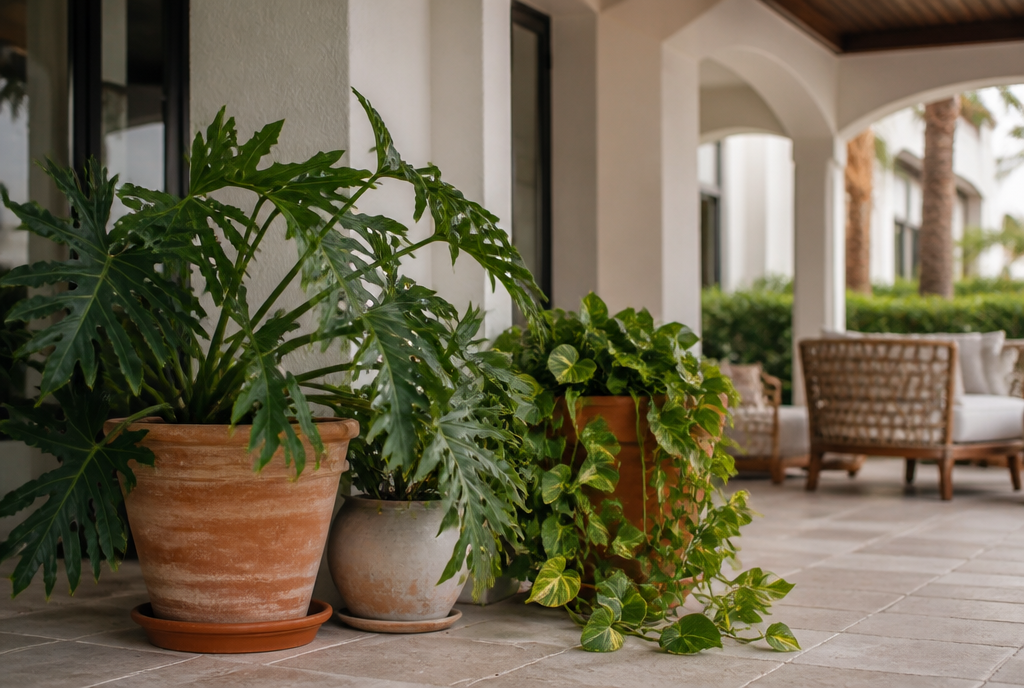 Potted tropical houseplants on a shaded covered patio in mild Kuwait weather