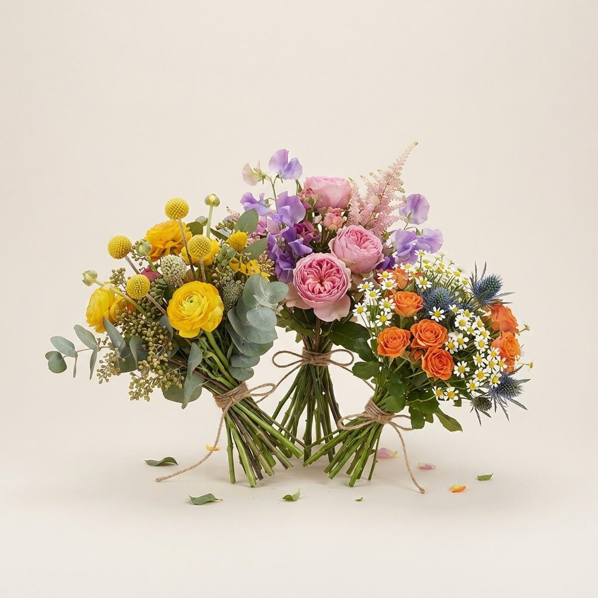 Congratulations Flowers — three bright celebratory flower bunches loosely tied