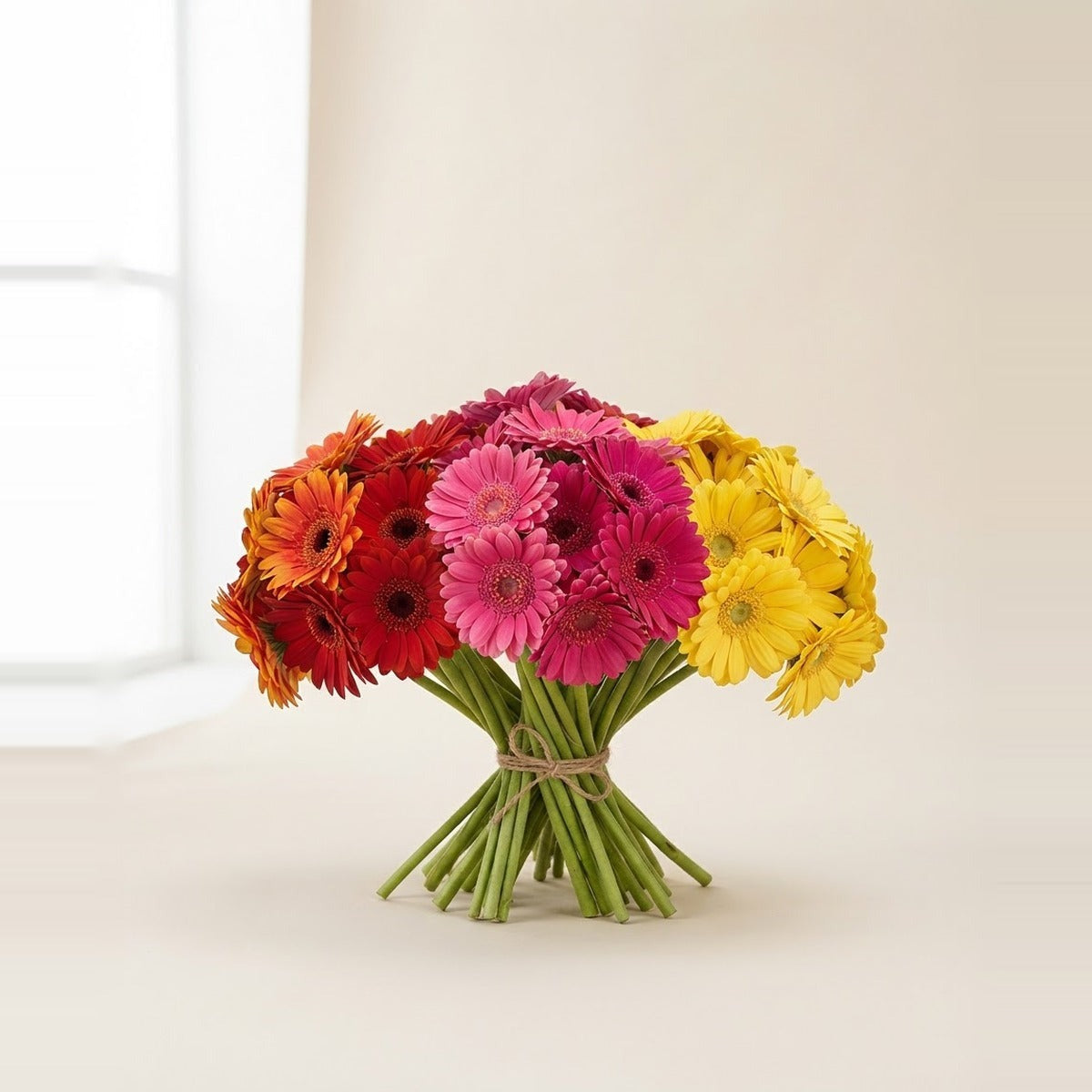 Gerberas — three bunches of gerbera daisies in mixed bright colours