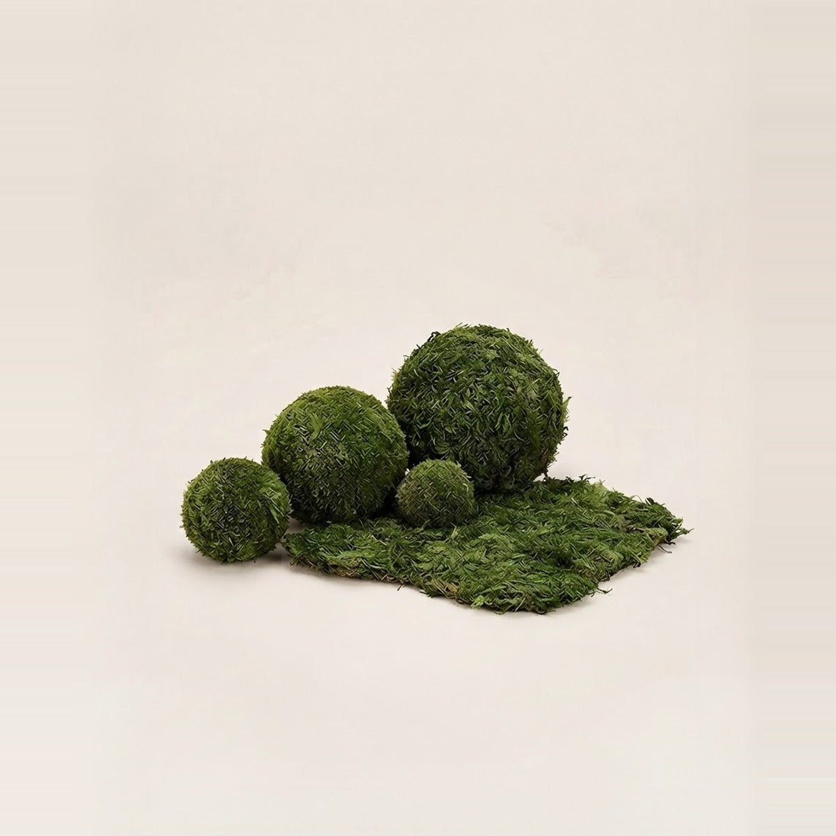 Moss — three preserved moss balls beside a flat sheet of green moss