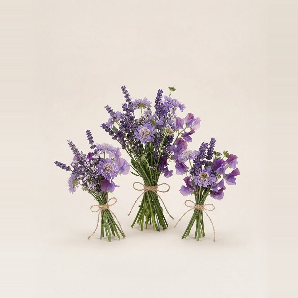 Purple Flowers — three bunches of purple flowers loosely tied