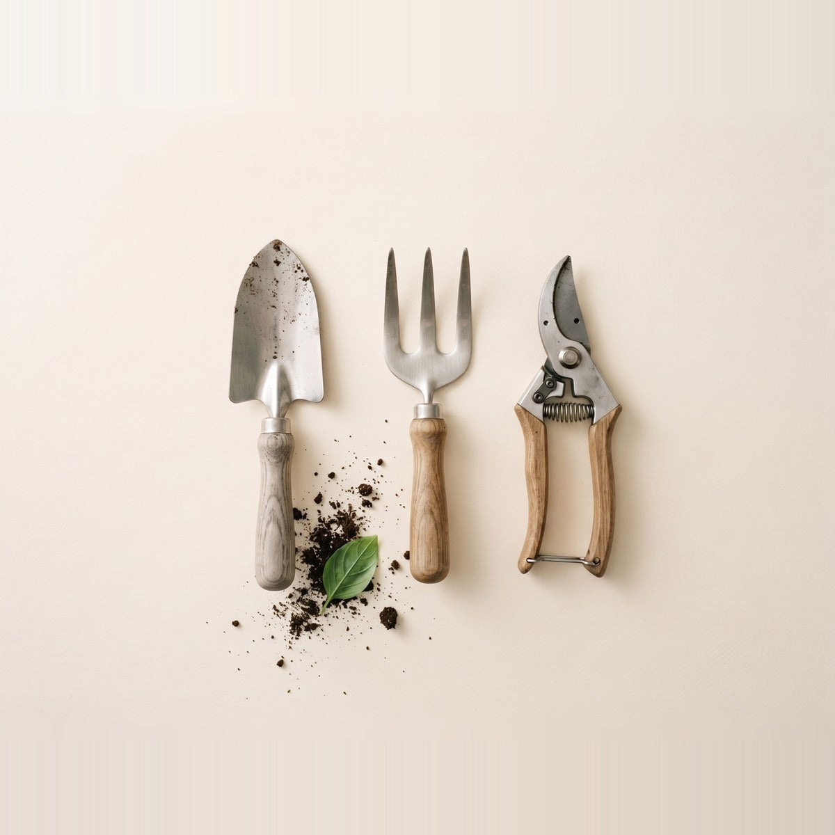 Garden Hand Tools — garden hand tools laid out in a row - a hand trowel, a hand fork, a weeder and a transplanter with wooden handles