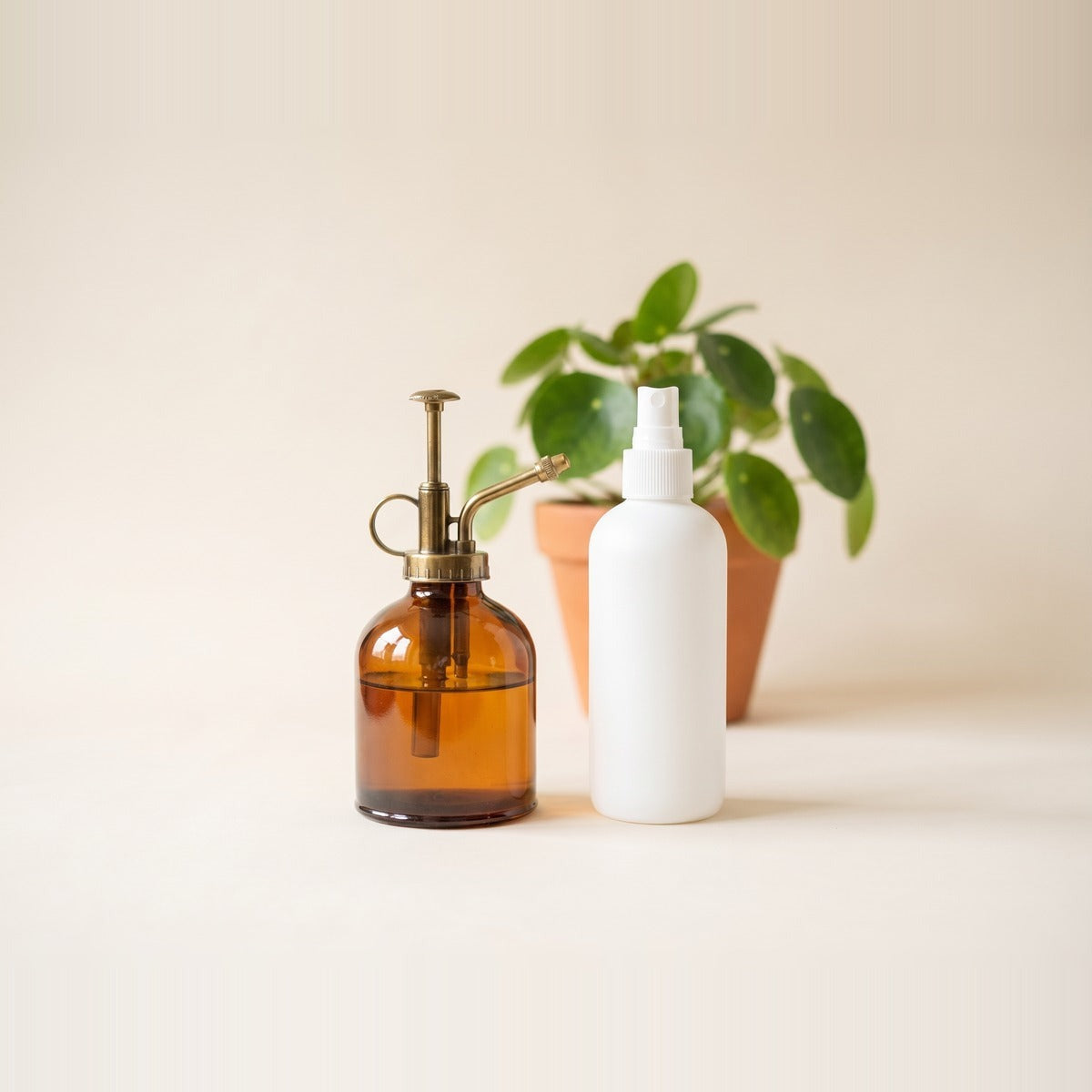 Spray bottles — three plant misting spray bottles in amber glass, clear glass and matt cream, beside a leafy plant with water droplets