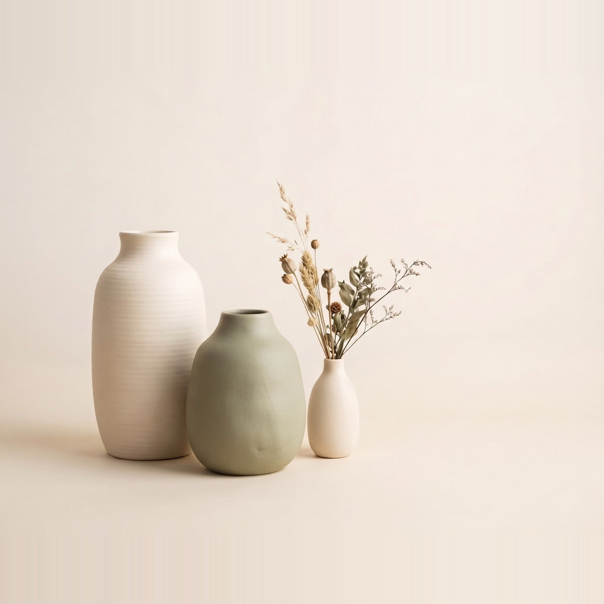 Vases — four flower vases of different shapes in cream ceramic, clear glass and sand stoneware, one holding a few stems of greenery