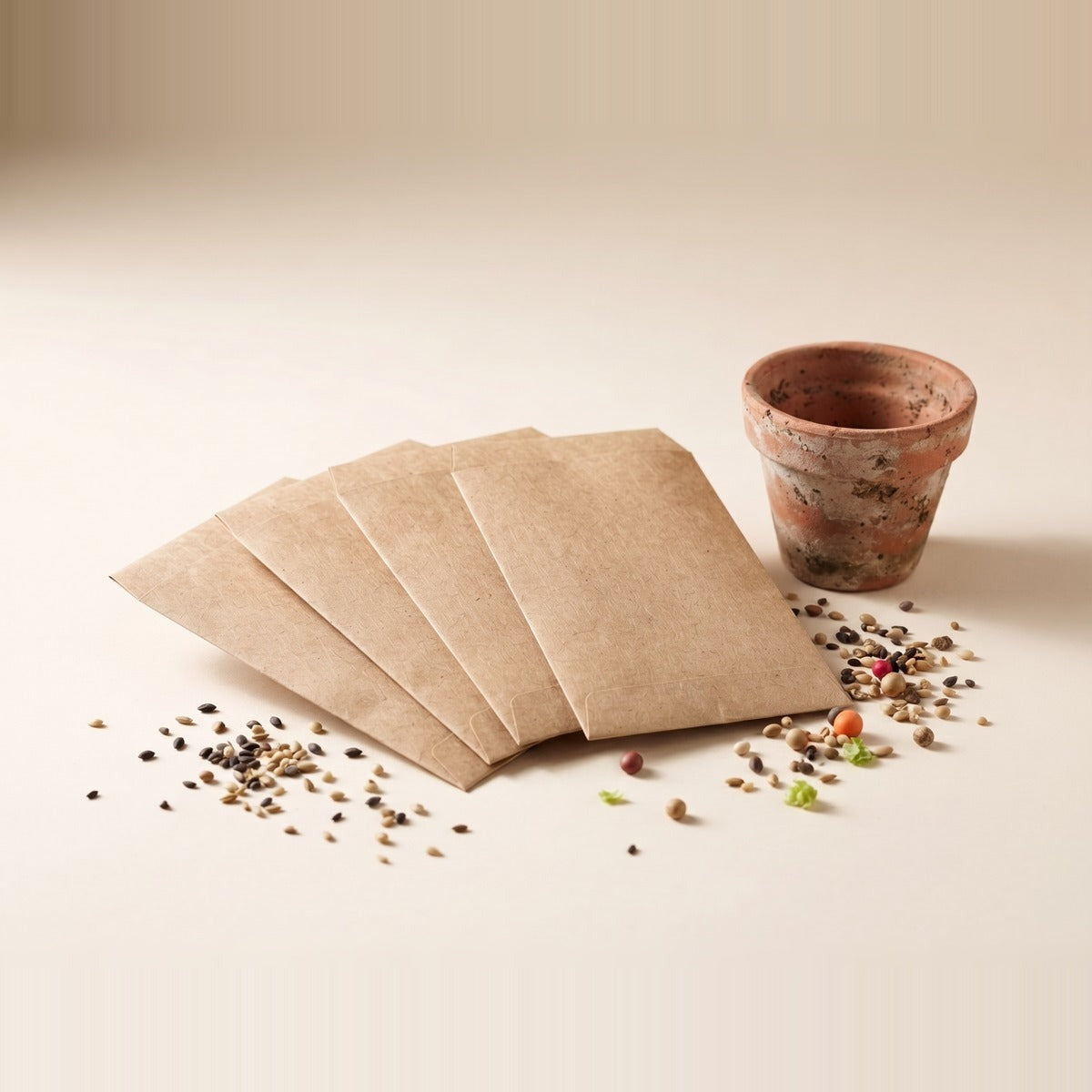 Vegetable Seeds — vegetable seeds - a shallow terracotta dish of mixed seeds, loose seed scattered, and three plain unlabelled kraft seed pouches