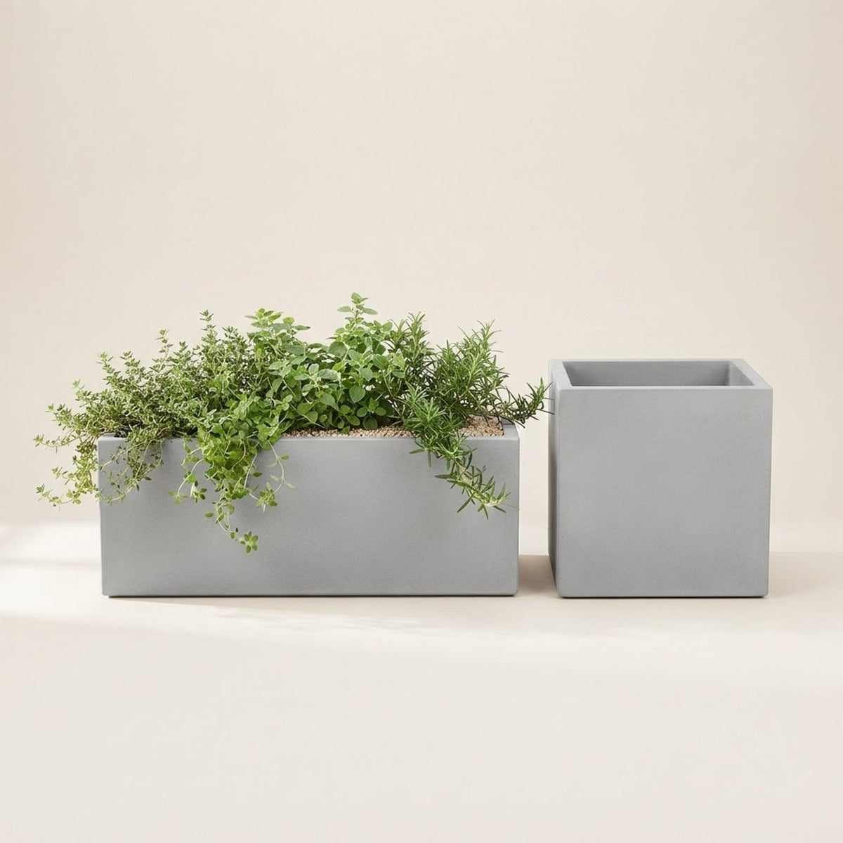 Square & Rectangular Planters — three square and rectangular planters in cream, terracotta and stone grey, one long trough with low plants