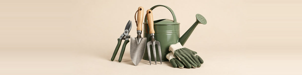 Tools — a full spread of gardening tools - secateurs, a trowel, a hand fork, a watering can and a pair of gloves - arranged on cream