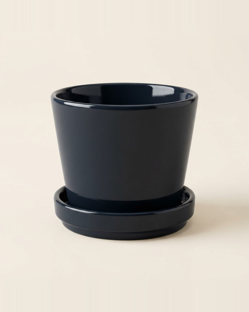 Stoneware Plant Pot with Saucer, Black, 12 cm