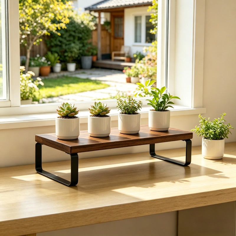 Walnut plant shelf on a windowsill with four potted plants