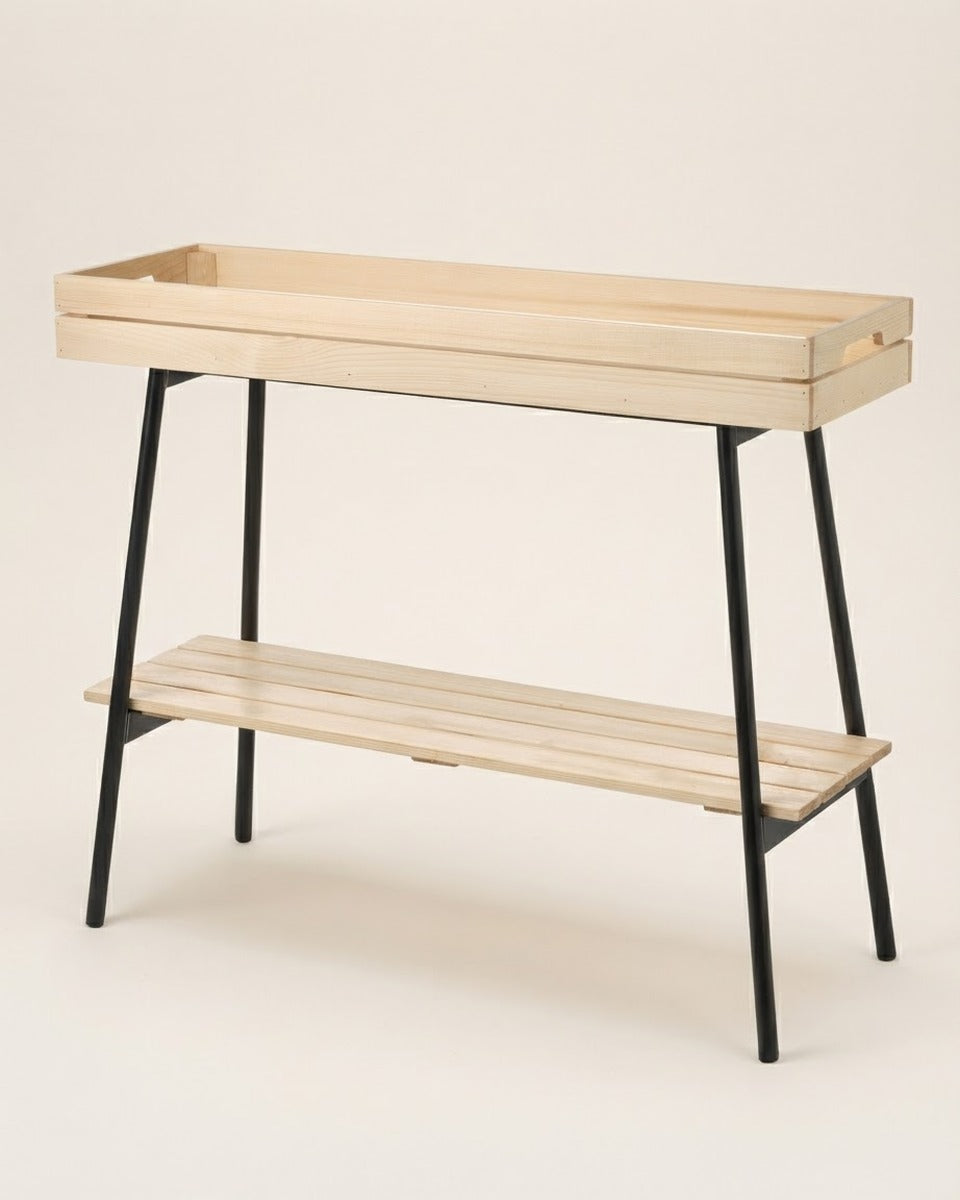 Pine Plant Trough Stand with Shelf — 67 cm