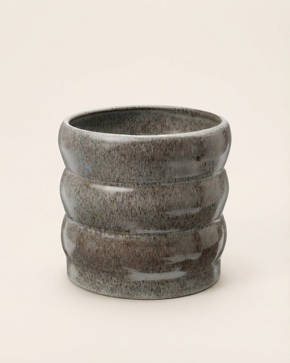 Ribbed Stoneware Plant Pot, Grey, 15 cm