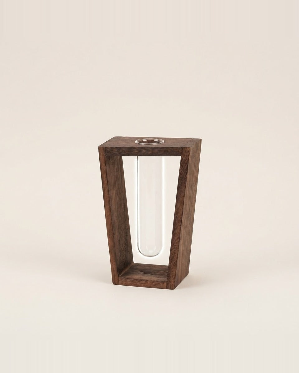 Test tube vase in walnut wood stand مزهرية أنبوب بحامل خشبي