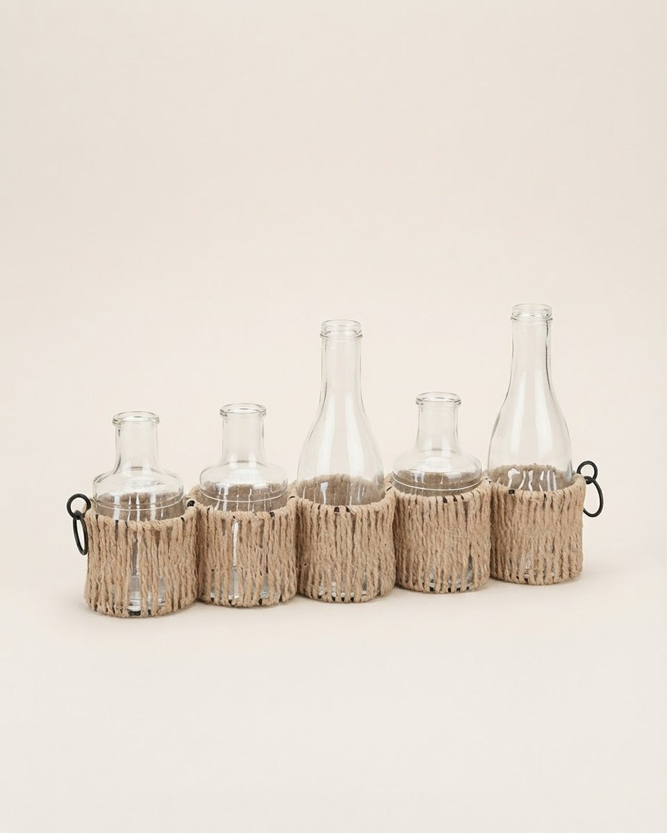 Glass Bud Vases in Rope Holder, 5 Piece