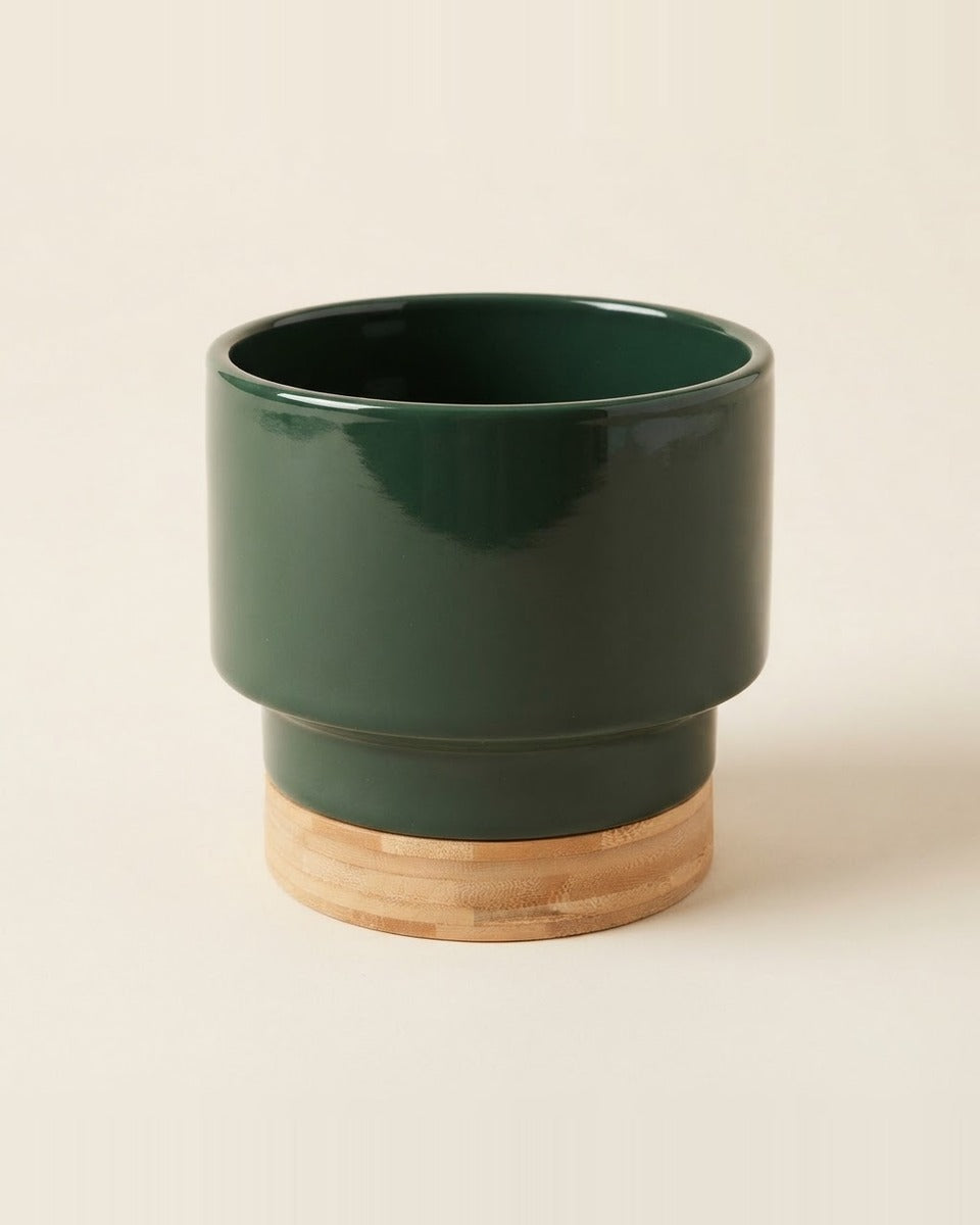 Ceramic Pot with Bamboo Base, Dark Green 16 cm