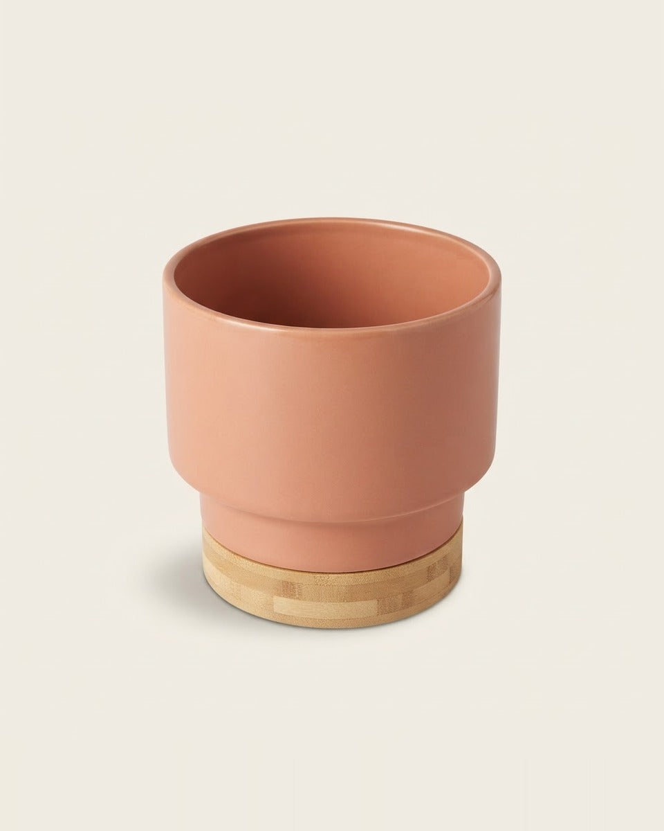 Ceramic Pot with Bamboo Base, Peach 16 cm