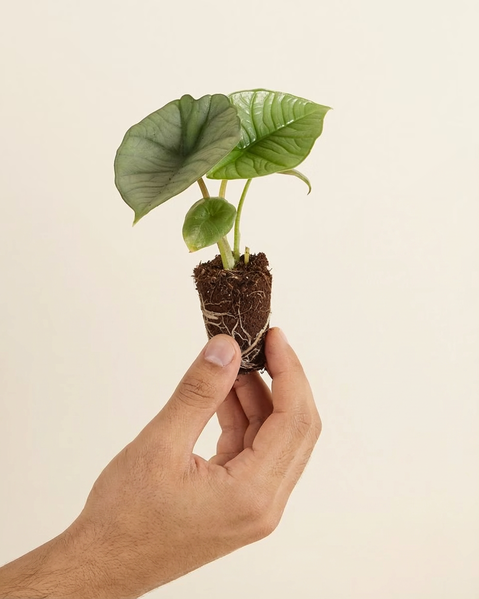 Hand holding a small potted Baby Alocasia Platinum plant with visible roots against a beige background