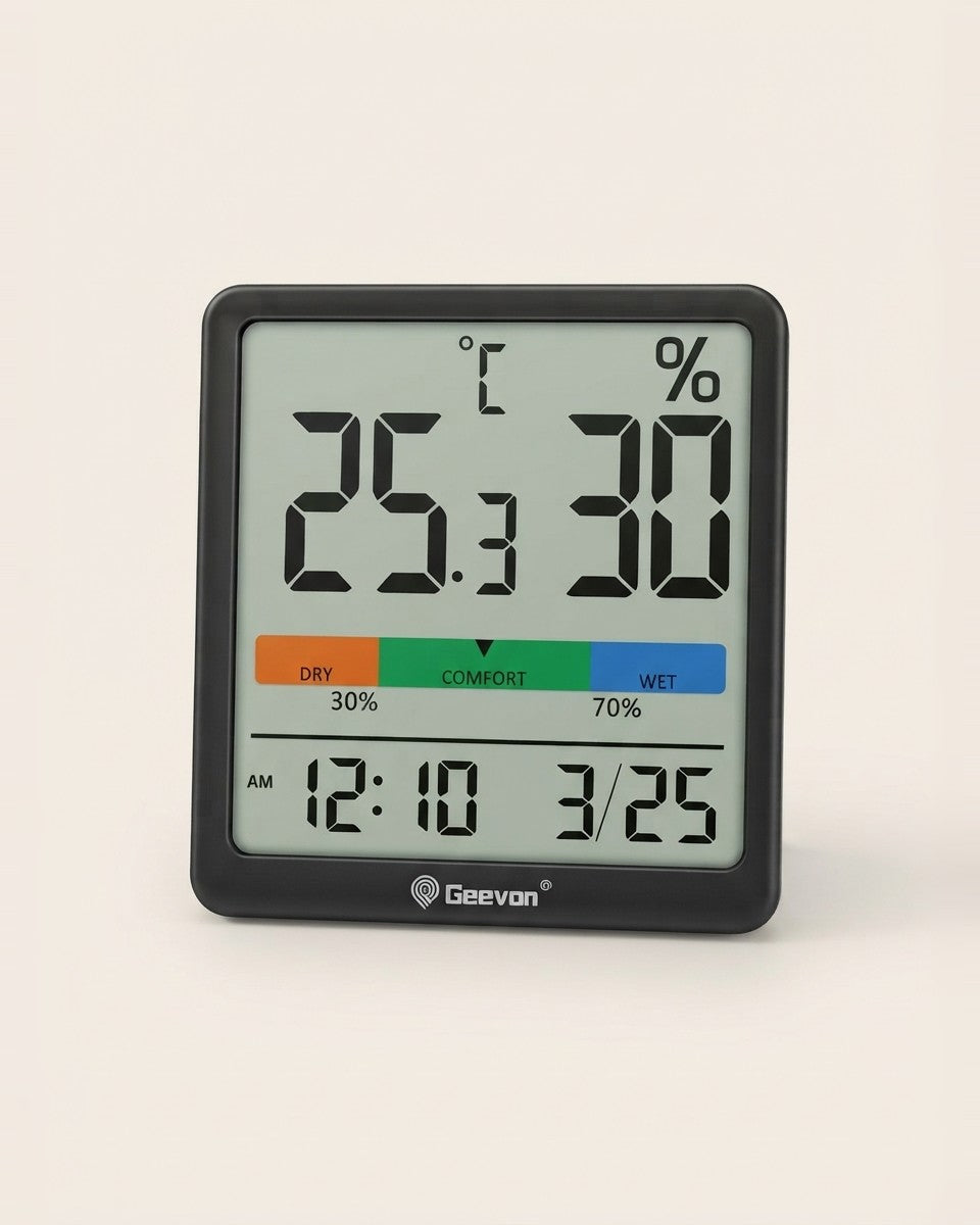 Digital Temperature & Humidity Meter - LCD Hygrometer for Indoor Use - ساعة رقمية مع مقياس الحرارة والرطوب