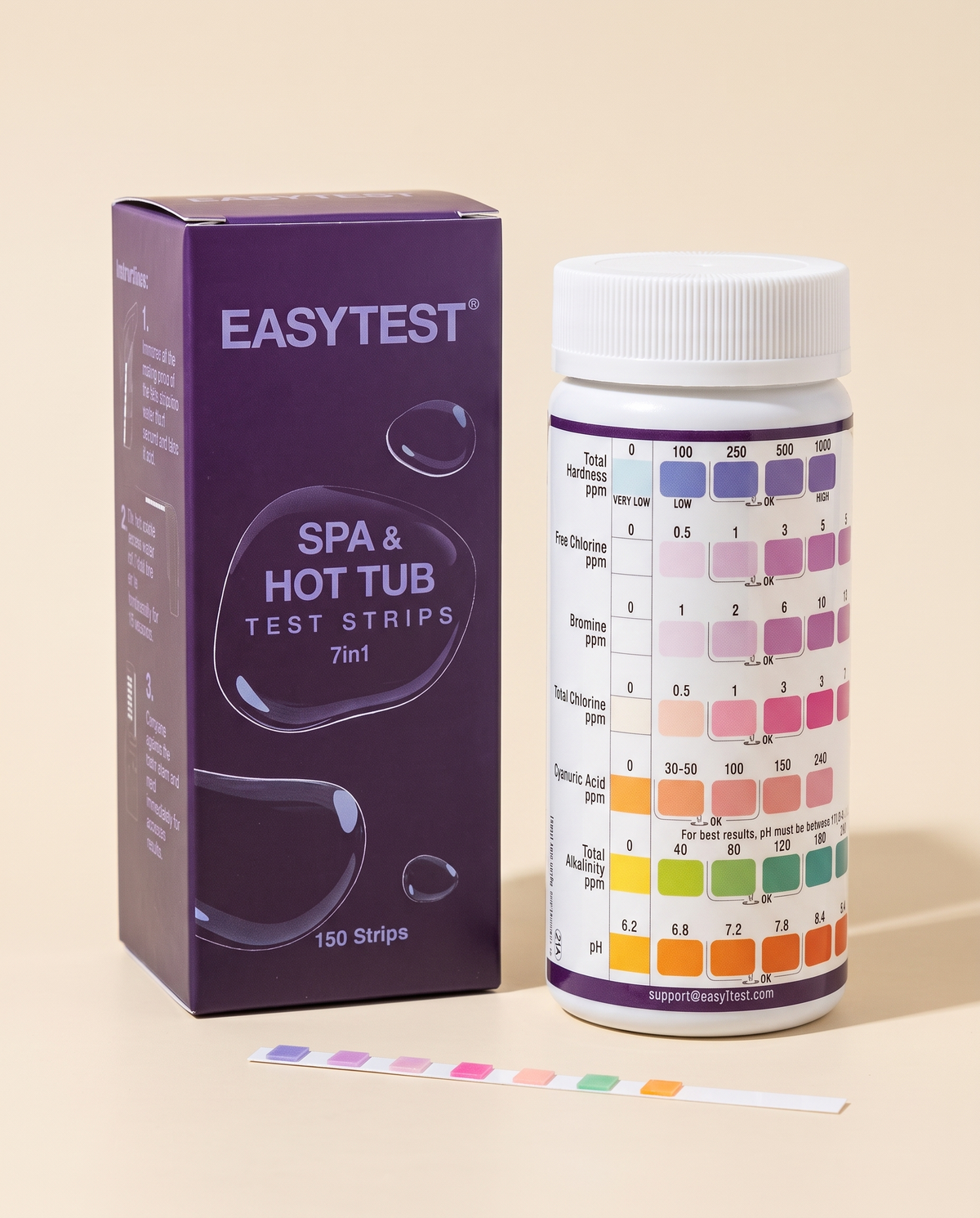7-in-1 water test strips carton and bottle with colour chart
