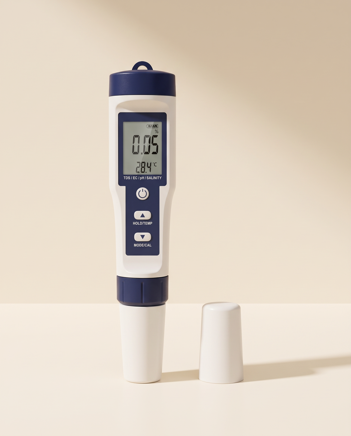 5-in-1 digital water quality meter showing live reading