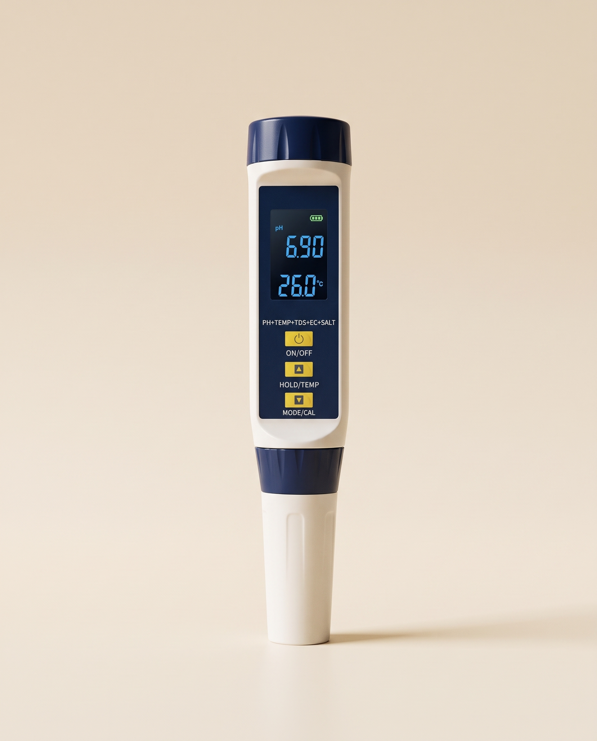 5-in-1 digital water quality test pen showing live reading
