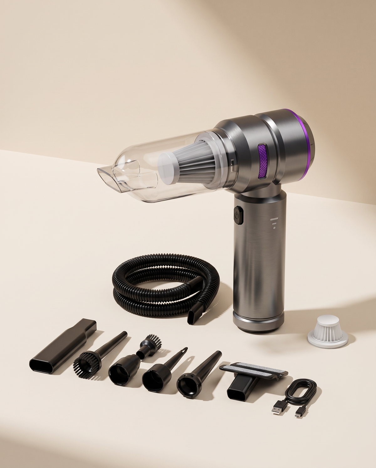 Cordless handheld vacuum with hose and attachment set