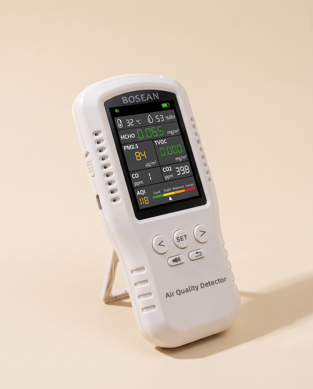 Handheld air quality detector with colour display and stand