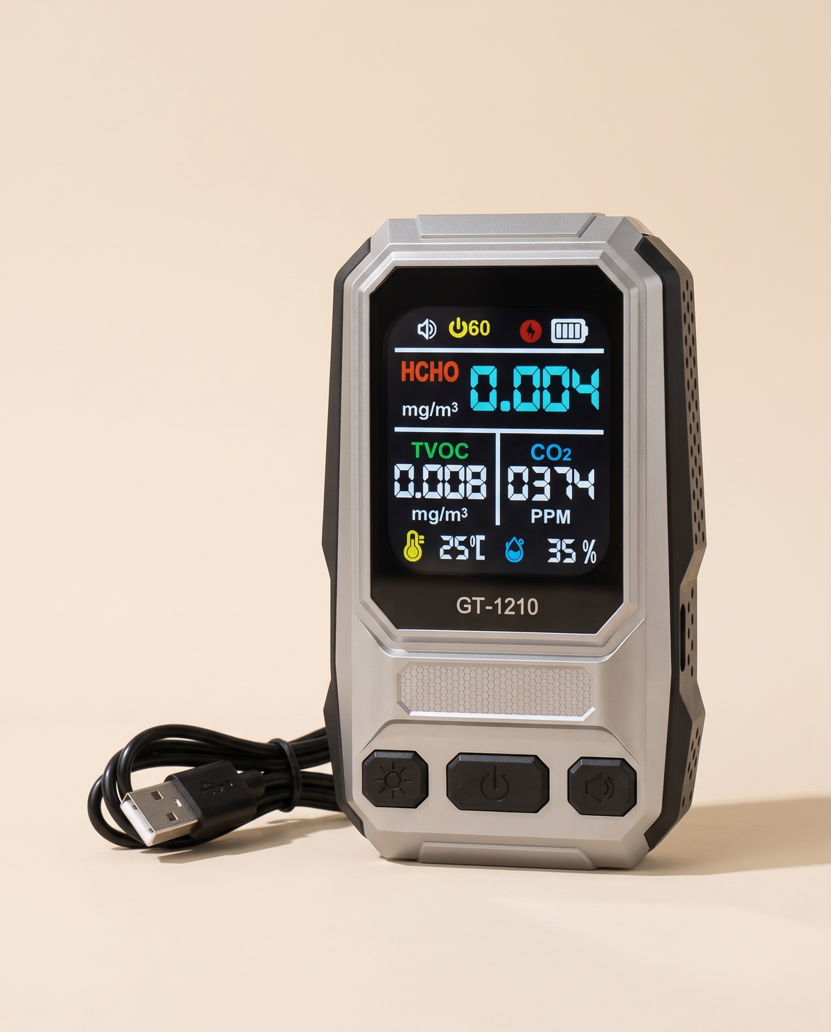 Portable 5-in-1 air quality monitor with colour display and USB cable