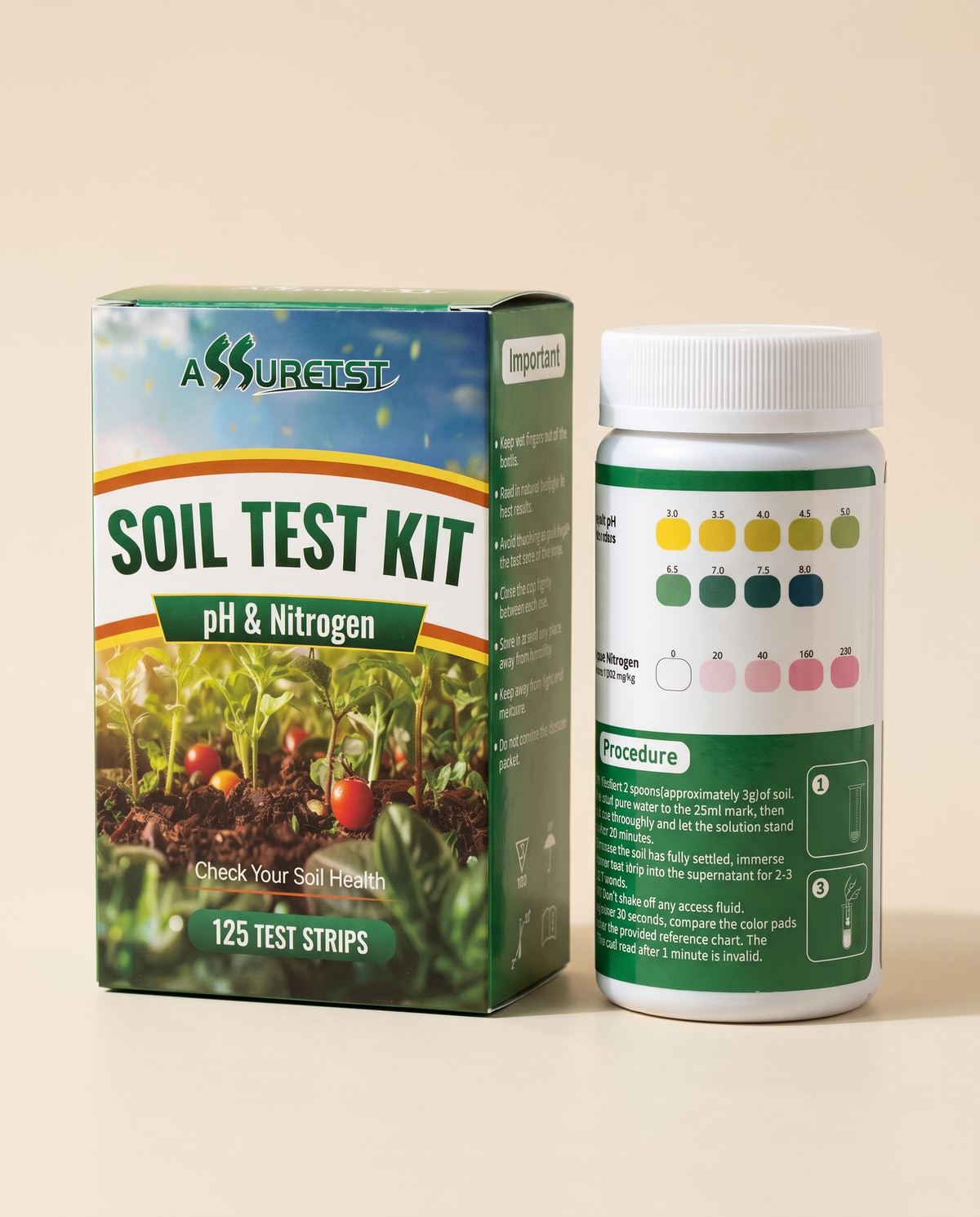 Soil pH and nitrogen test kit carton and strip bottle