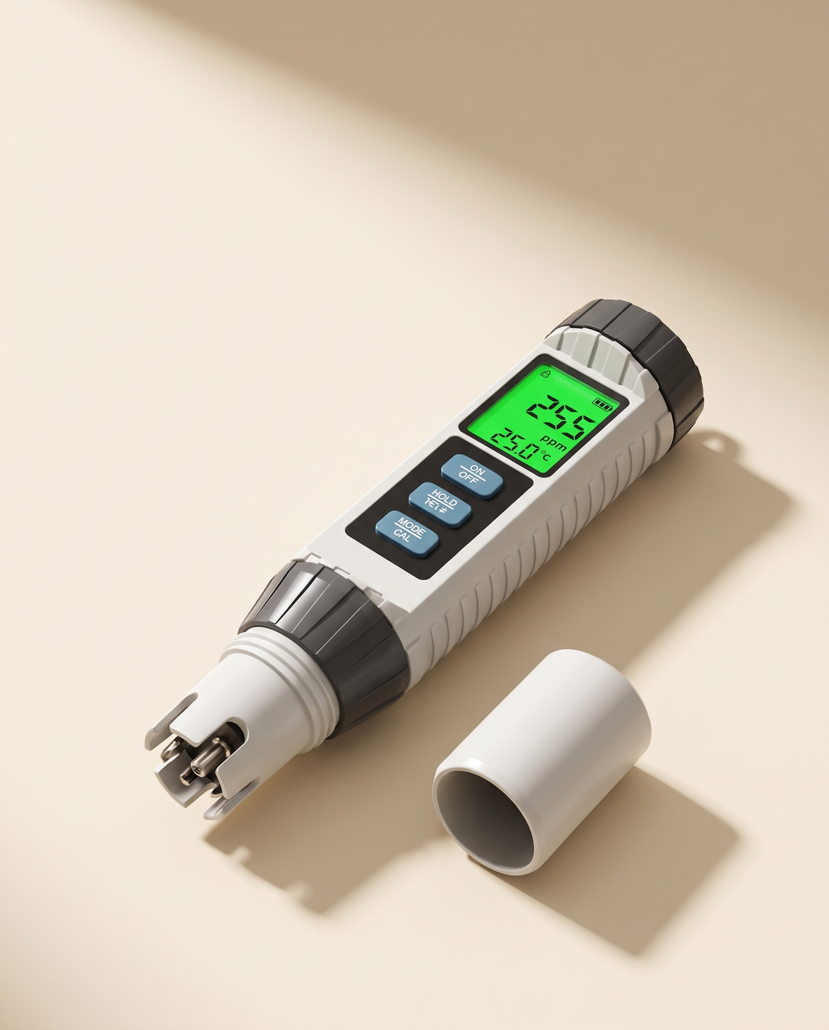 8-in-1 water quality tester with cap removed showing probe