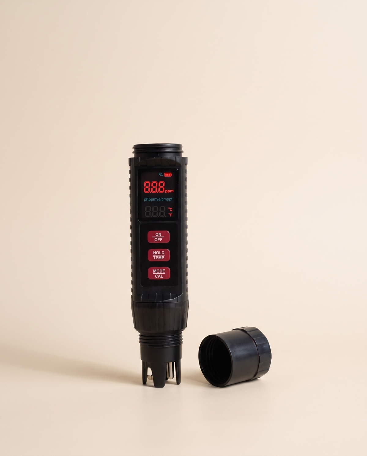 7-in-1 water test pen with cap removed showing probe