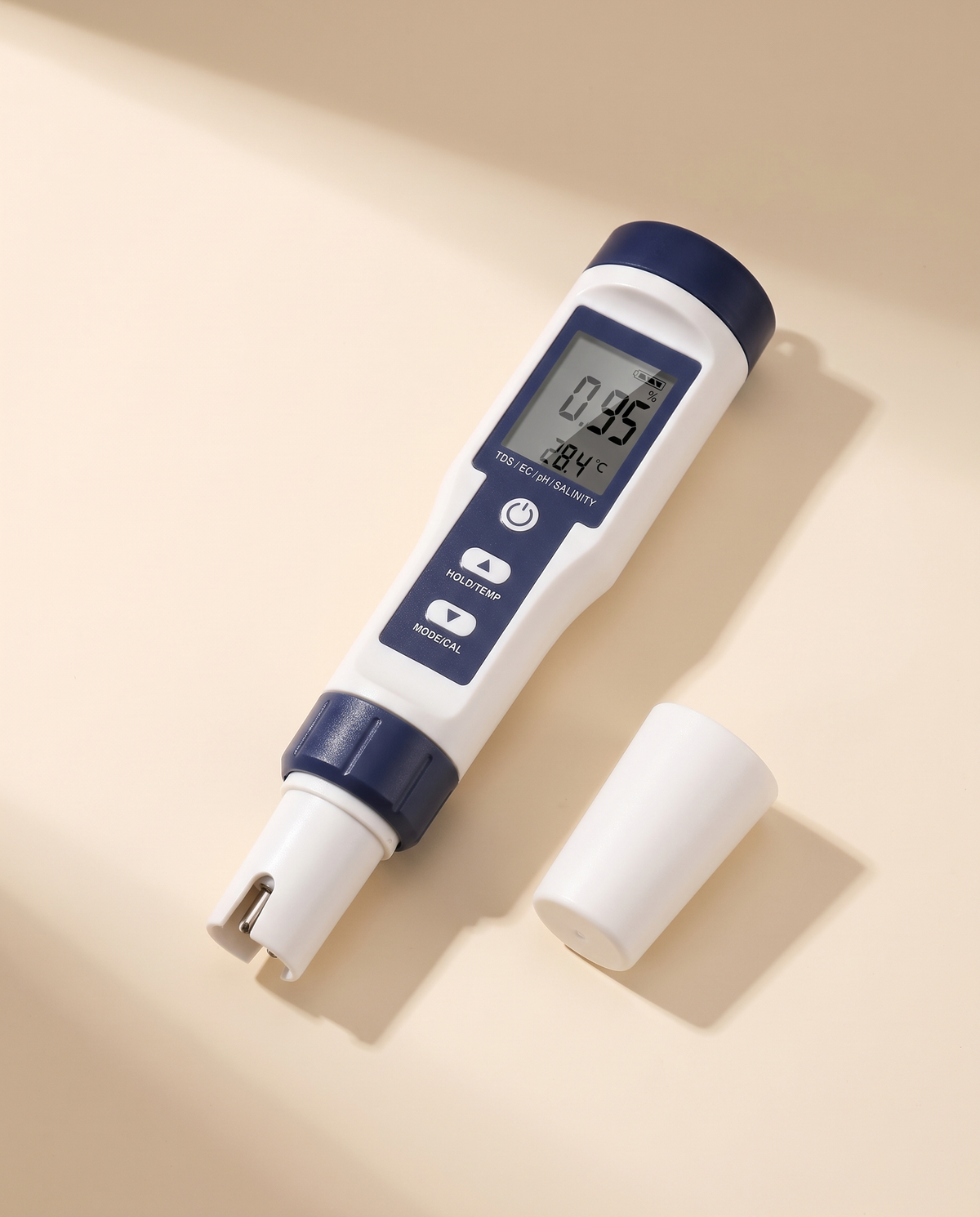 5-in-1 water quality meter with cap removed showing electrode probe