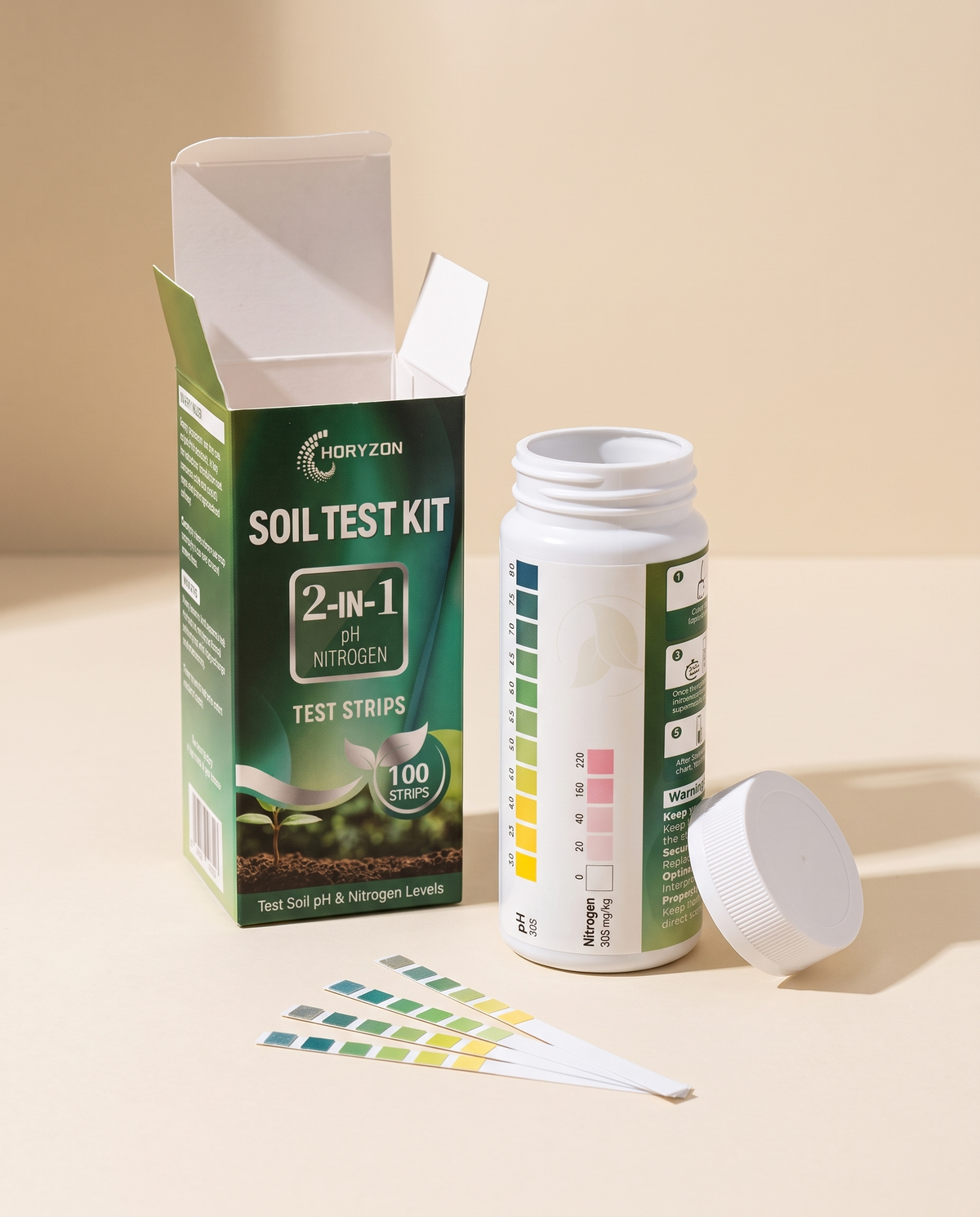 2-in-1 soil test kit opened with bottle and strips