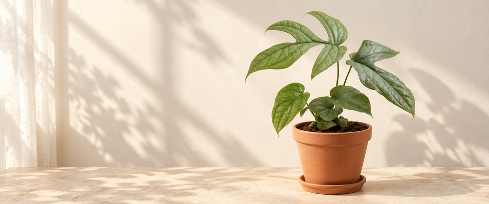 Amydrium Silver in a natural terracotta pot in warm sunlight