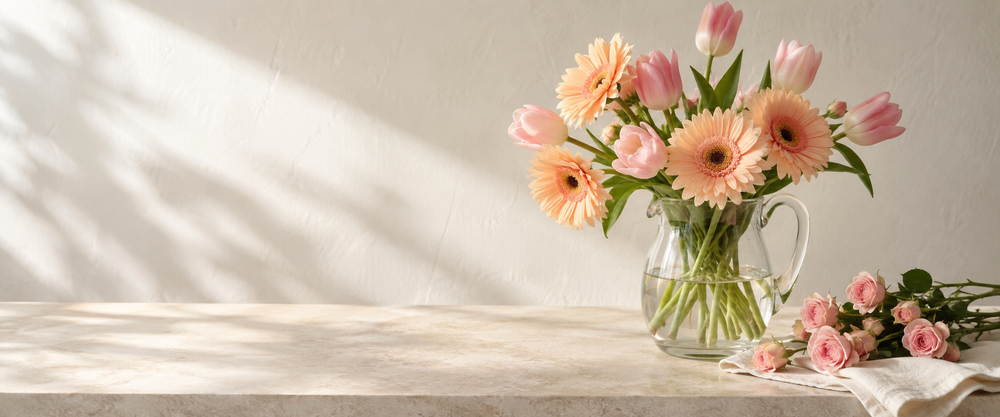 Birthday Flowers in a warm sunlit indoor scene