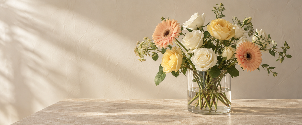 Congratulations Flowers in a warm sunlit indoor scene