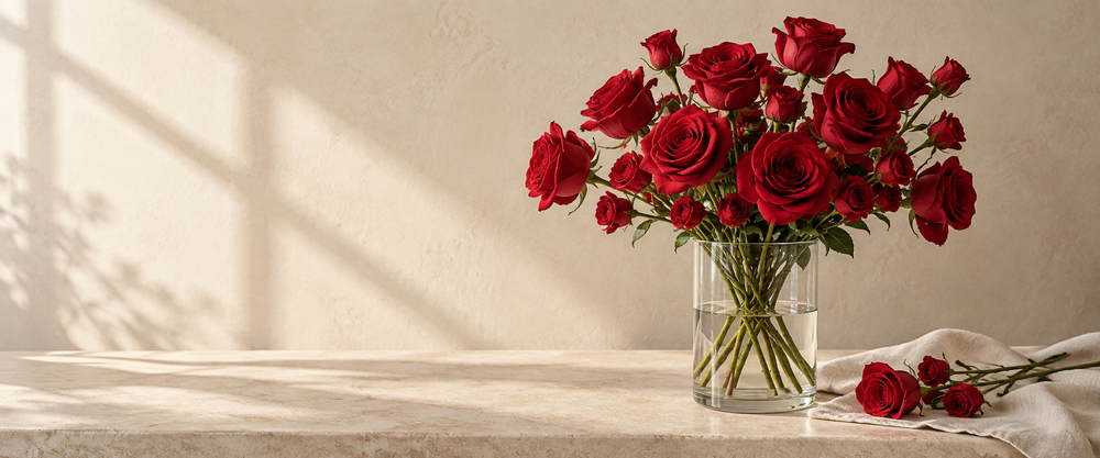 Red Flowers in a warm sunlit indoor scene