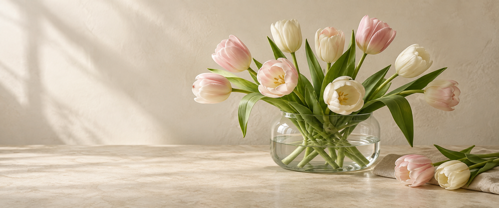 Tulips in a warm sunlit indoor scene