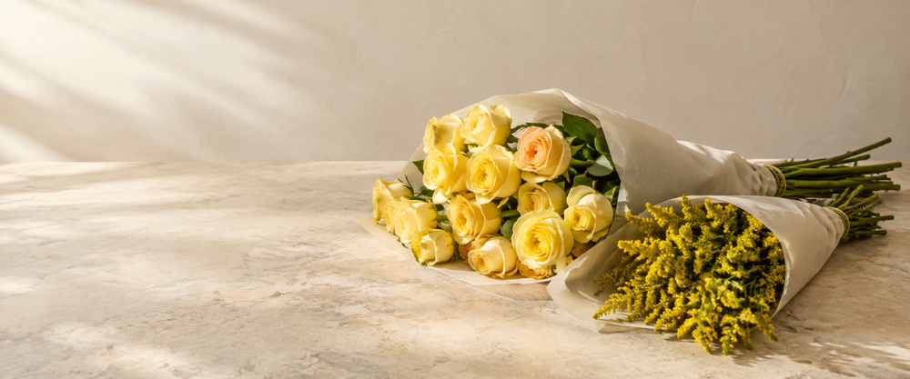 Yellow Flowers in a warm sunlit indoor scene
