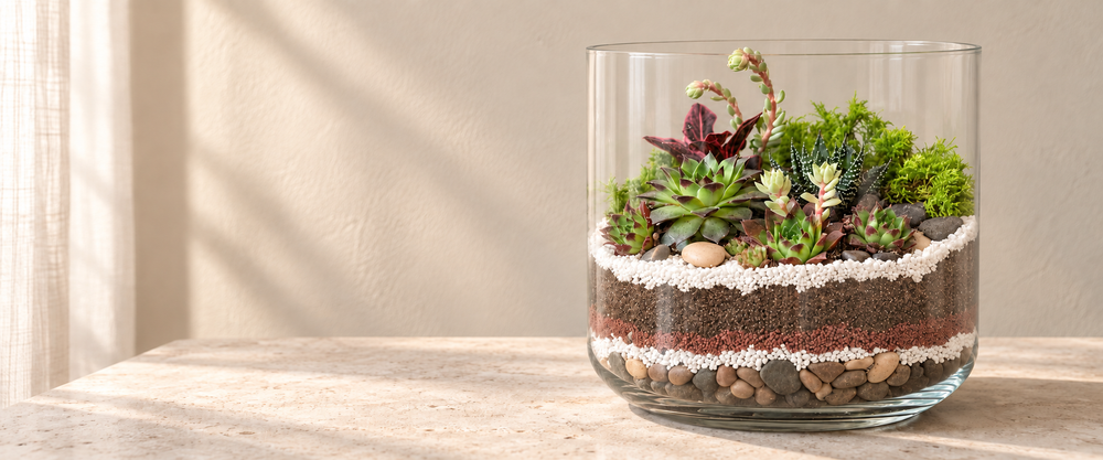 Layered succulent terrarium in soft indoor sunlight