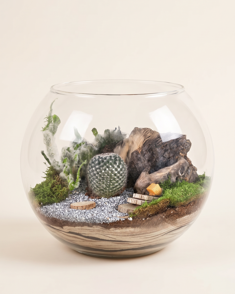 Terrarium Cactus Wood Glass Bowl تيراريوم صبار وجذع